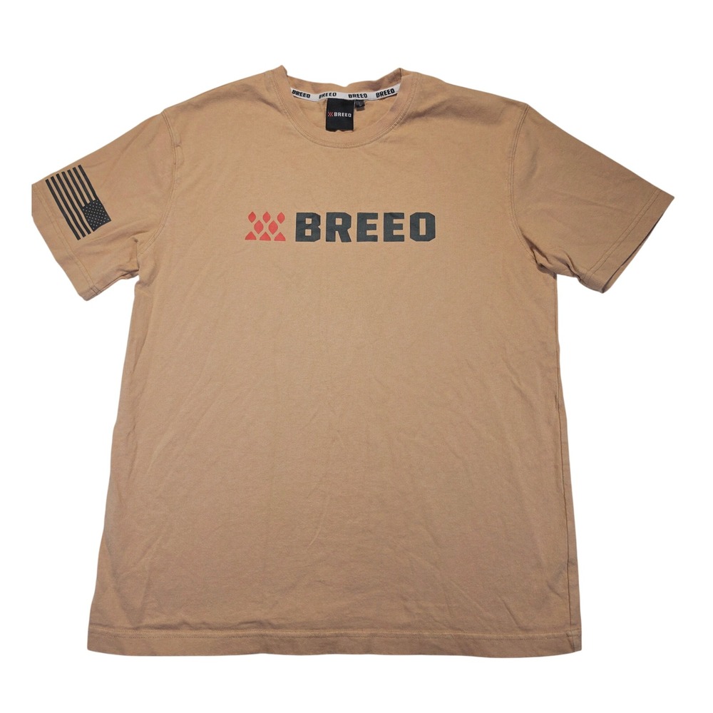 Breeo Mens Graphic T-Shirt Tan Brown American Flag Patriotic Sleeve Cotton Sz L